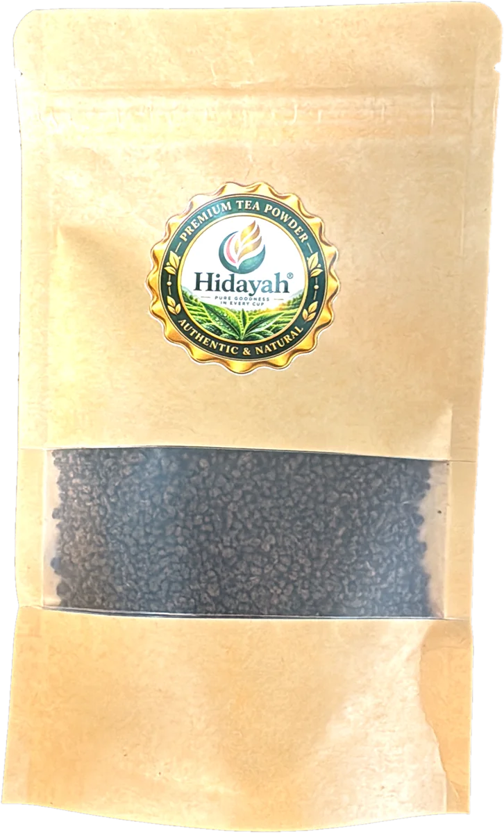 A Hidayah Premium Tea kraft zip pouch with a window showing the CTC tea granules